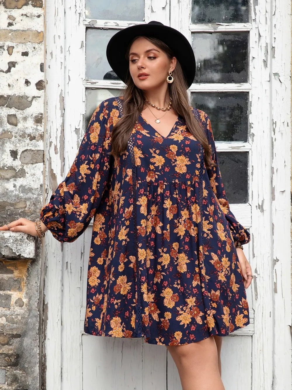 Plus Size Floral V - Neck Balloon Sleeve Dress - MAD RUFFI