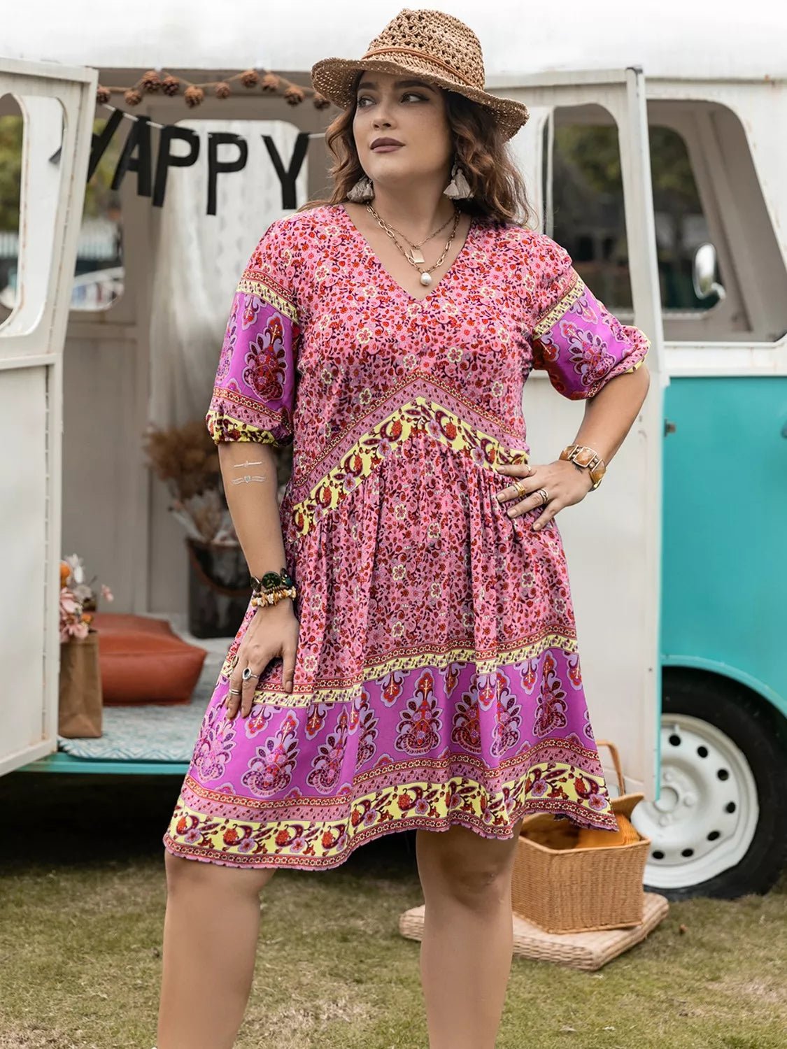 Plus Size Floral V - Neck Mini Dress - MAD RUFFI