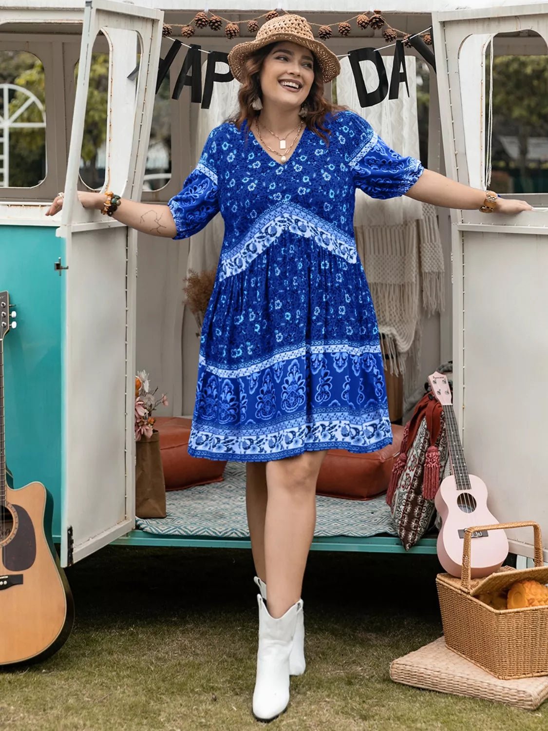 Plus Size Floral V - Neck Mini Dress - MAD RUFFI