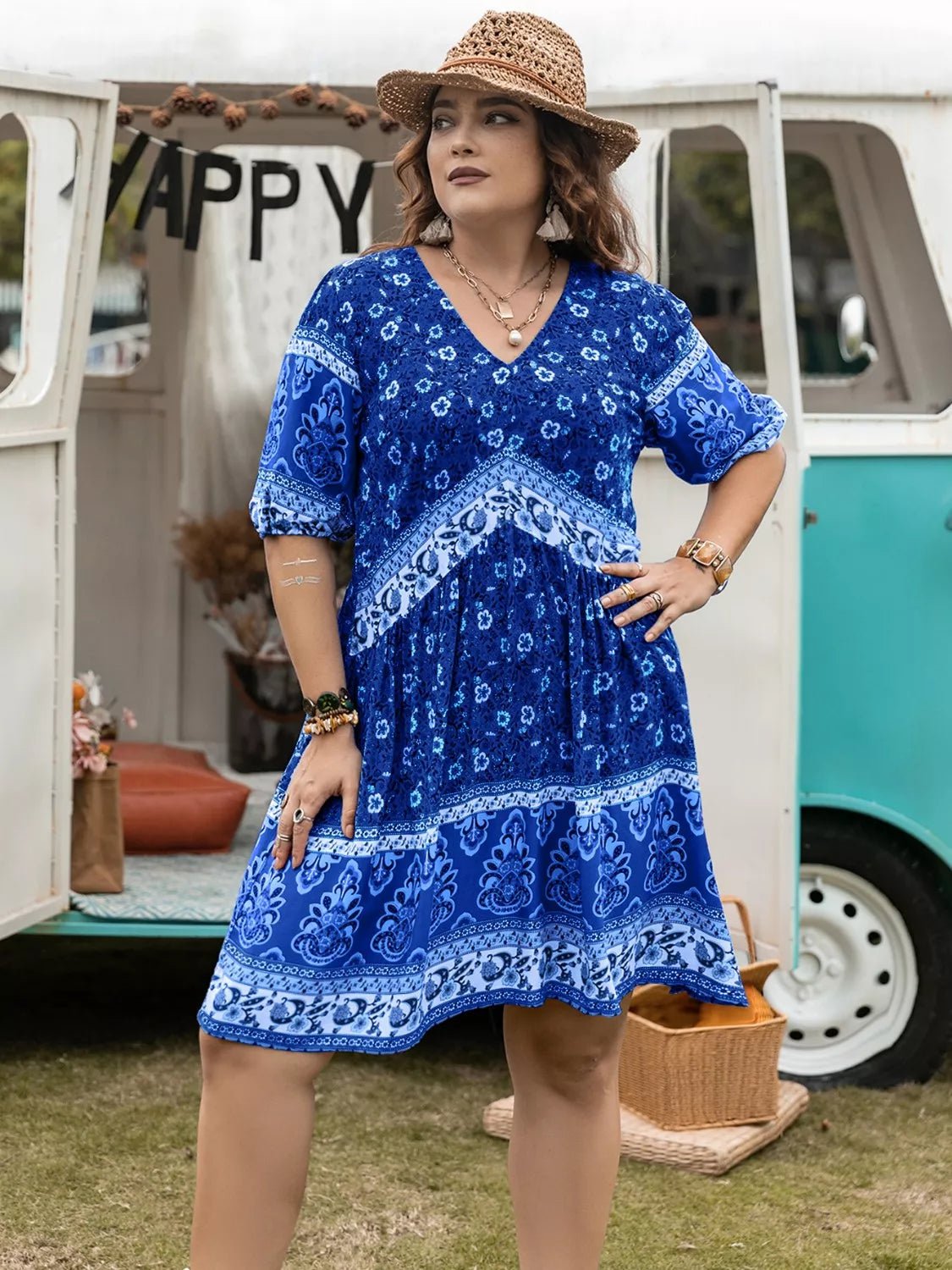 Plus Size Floral V - Neck Mini Dress - MAD RUFFI