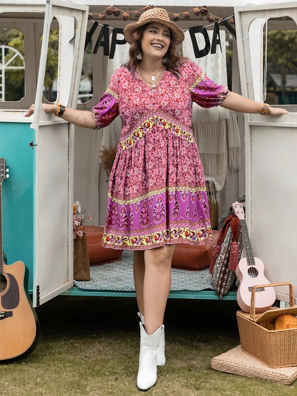 Plus Size Floral V - Neck Mini Dress - MAD RUFFI