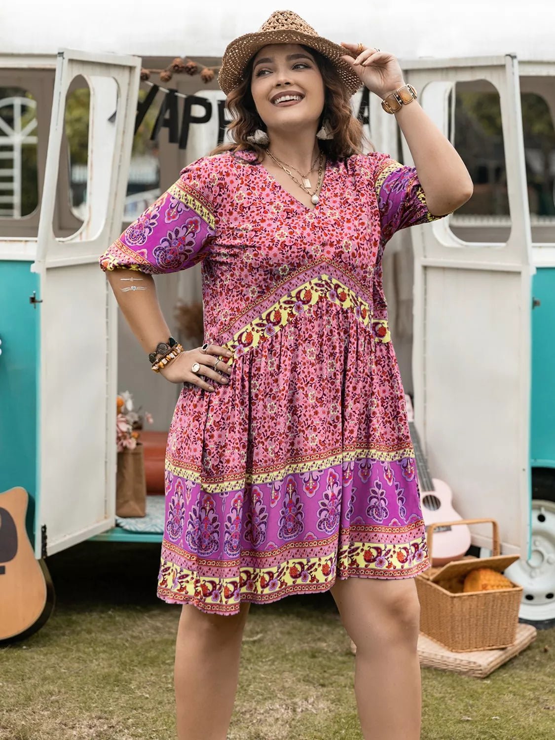 Plus Size Floral V - Neck Mini Dress - MAD RUFFI