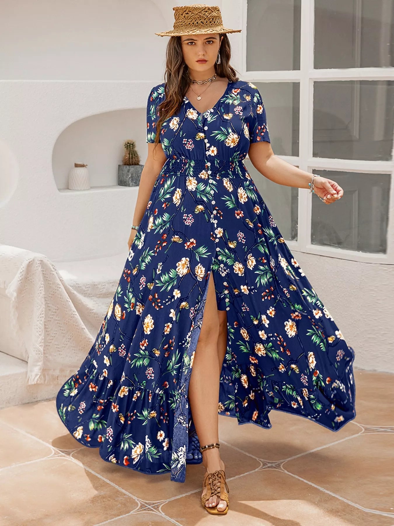 Plus Size Floral V - Neck Short Sleeve Maxi Dress - MAD RUFFI