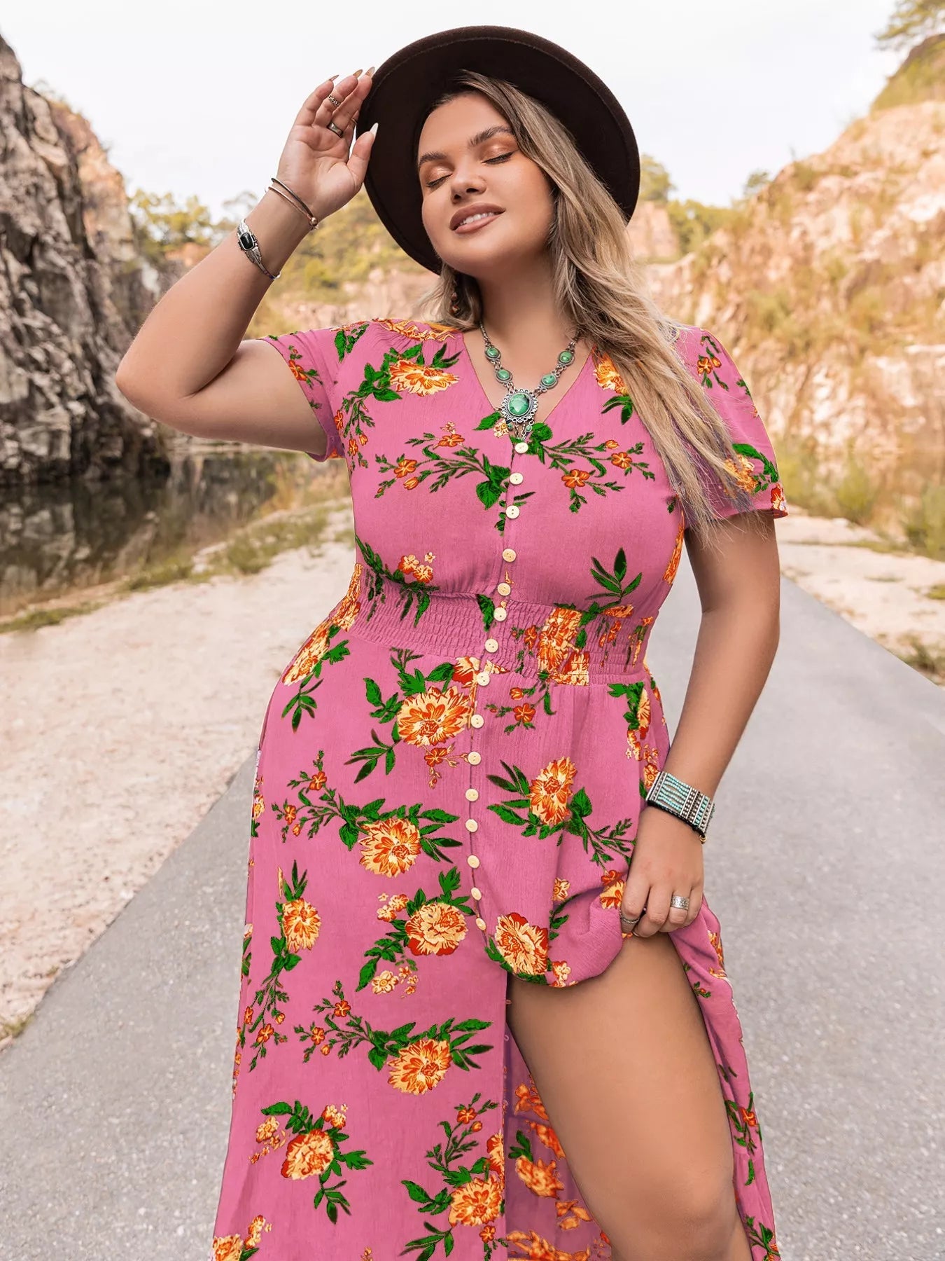 Plus Size Floral V - Neck Short Sleeve Maxi Dress - MAD RUFFI
