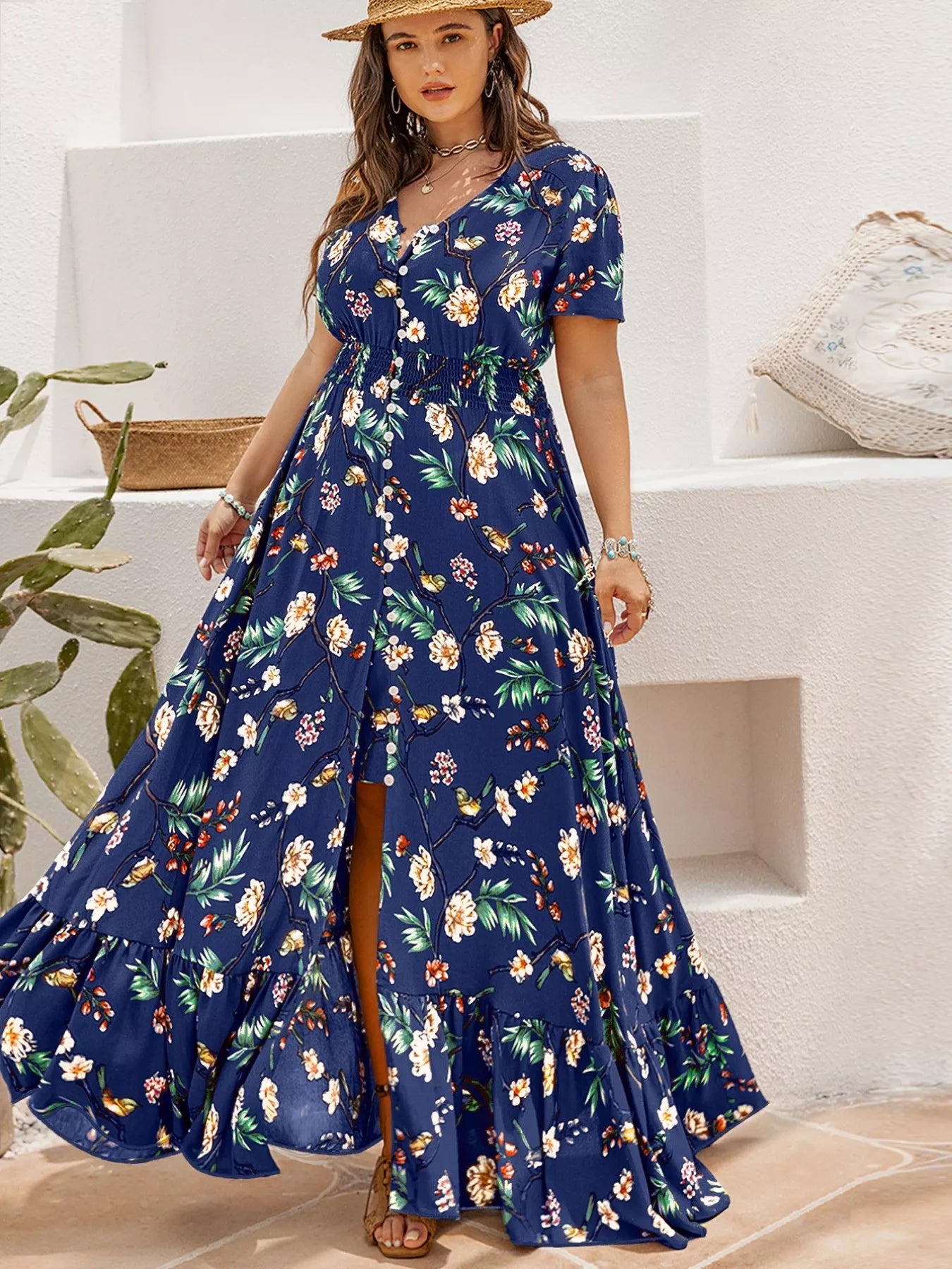 Plus Size Floral V - Neck Short Sleeve Maxi Dress - MAD RUFFI