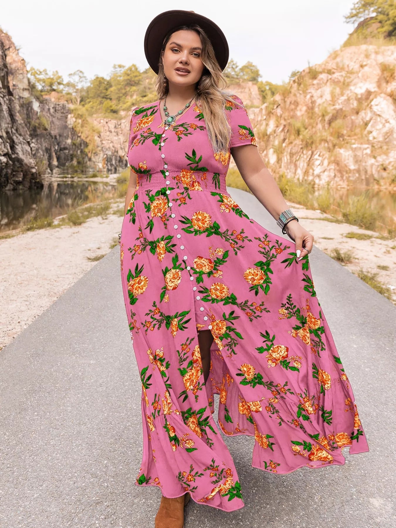 Plus Size Floral V - Neck Short Sleeve Maxi Dress - MAD RUFFI