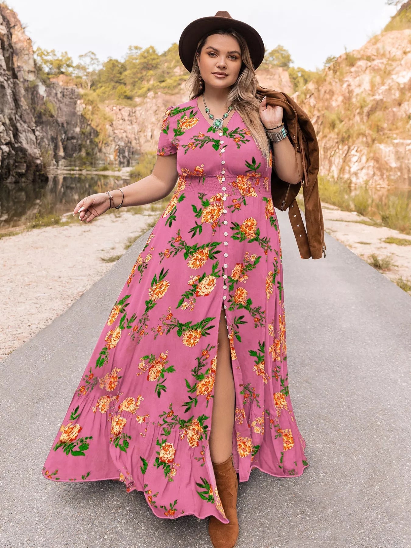 Plus Size Floral V - Neck Short Sleeve Maxi Dress - MAD RUFFI