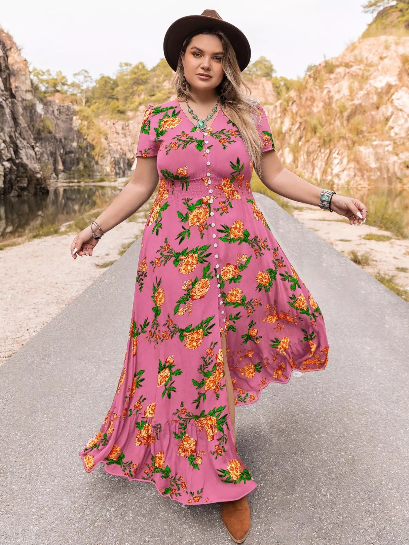 Plus Size Floral V - Neck Short Sleeve Maxi Dress - MAD RUFFI