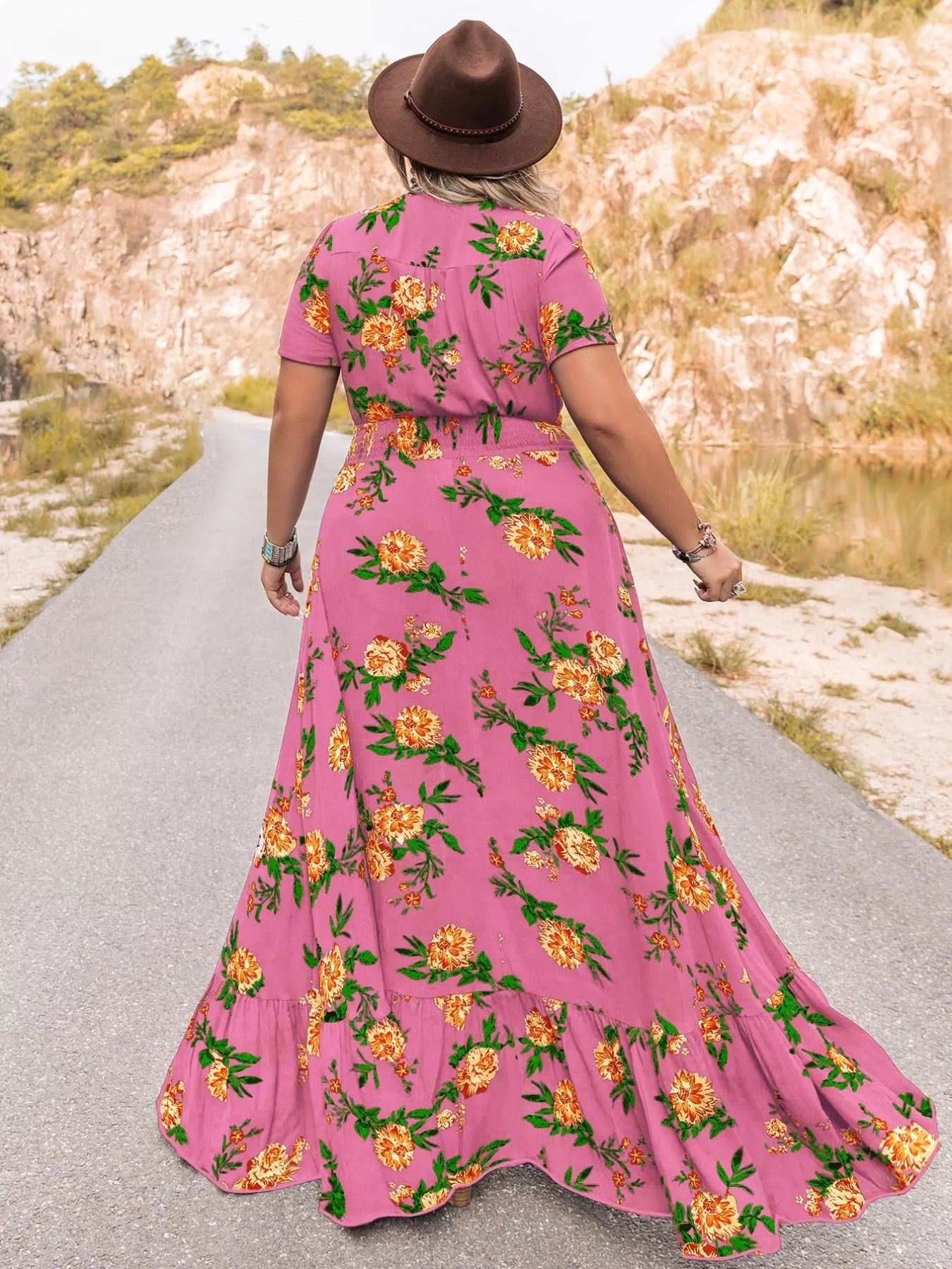 Plus Size Floral V - Neck Short Sleeve Maxi Dress - MAD RUFFI