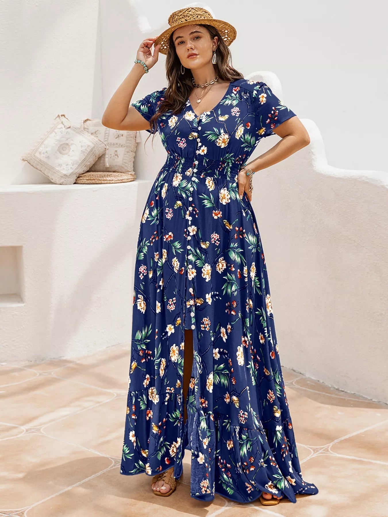 Plus Size Floral V - Neck Short Sleeve Maxi Dress - MAD RUFFI
