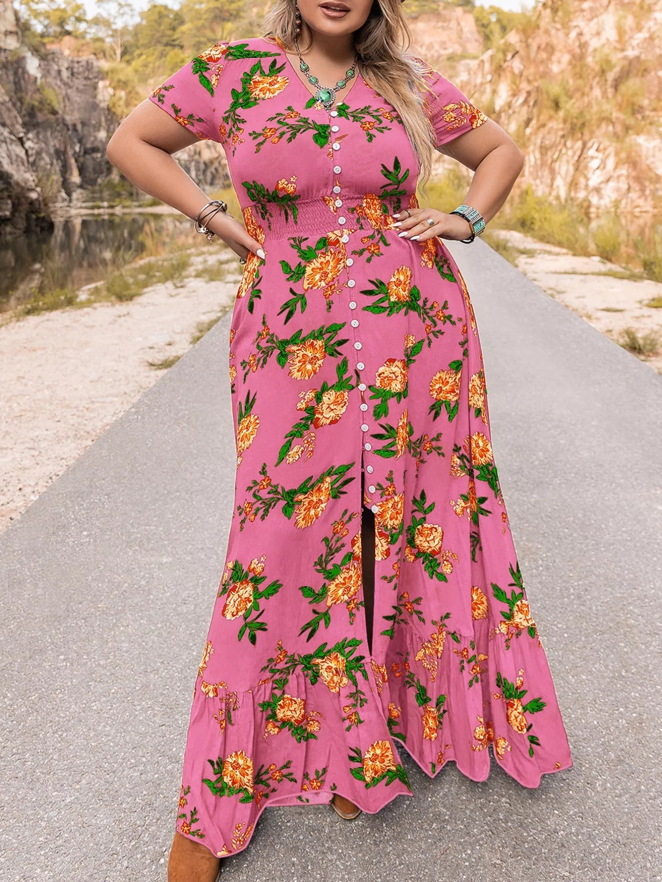 Plus Size Floral V - Neck Short Sleeve Maxi Dress - MAD RUFFI