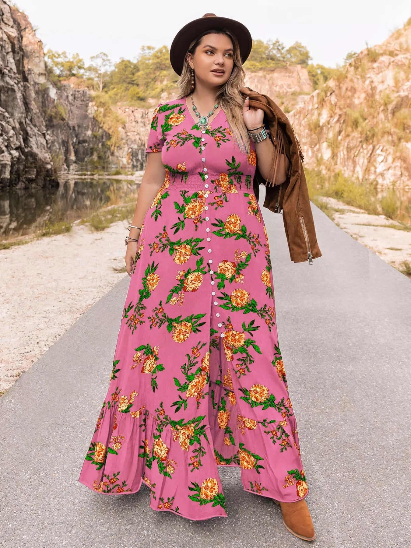 Plus Size Floral V - Neck Short Sleeve Maxi Dress - MAD RUFFI