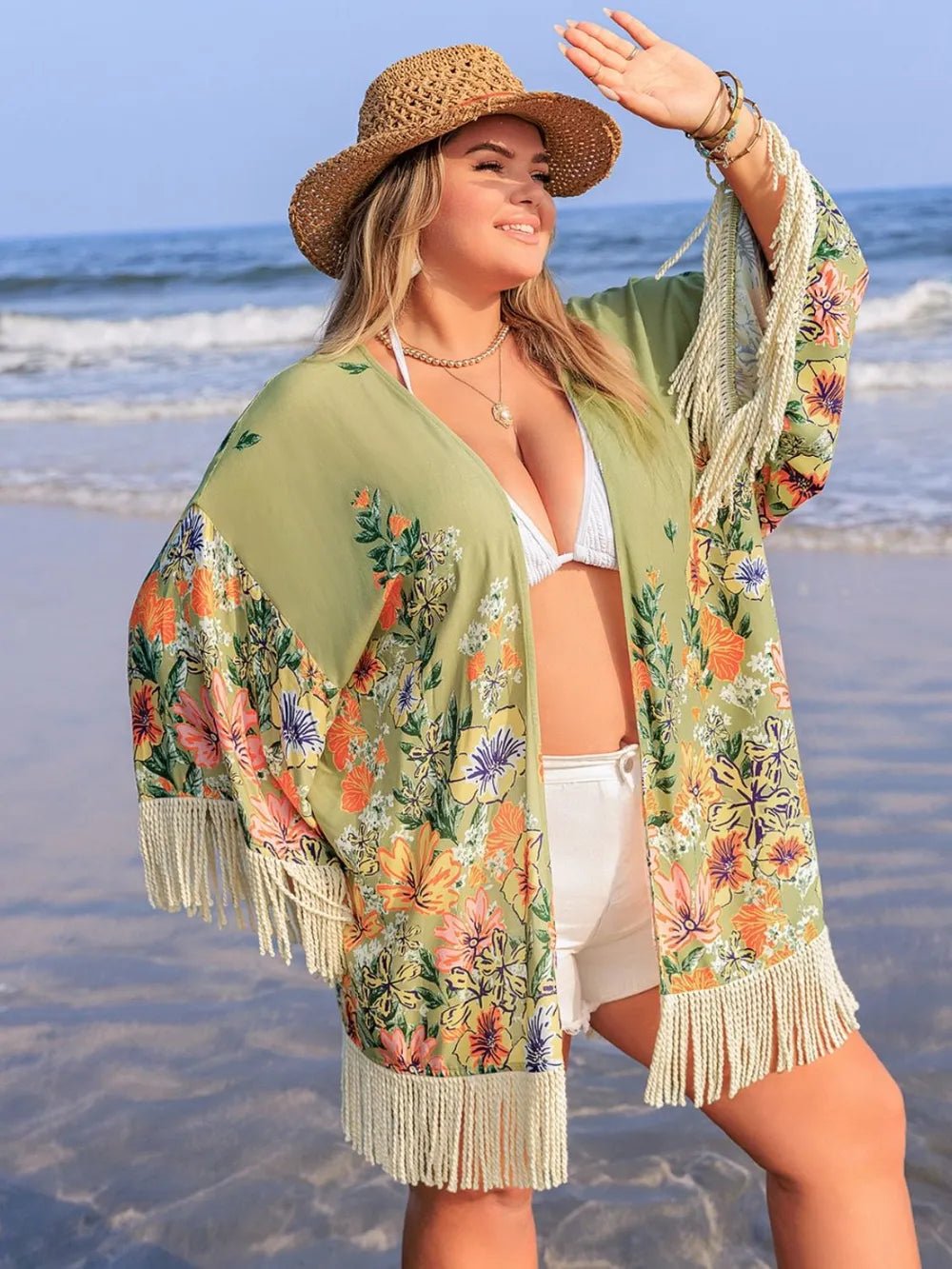 Plus Size Fringe Open Front Cover - Up - MAD RUFFI