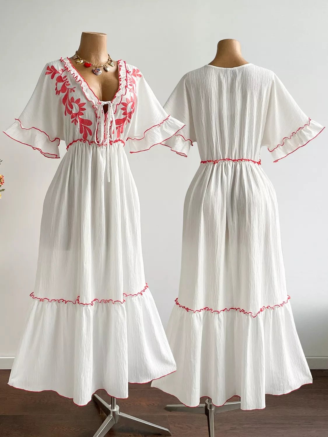 Plus Size Front Tie Maxi Dress with Floral Embroidered - MAD RUFFI