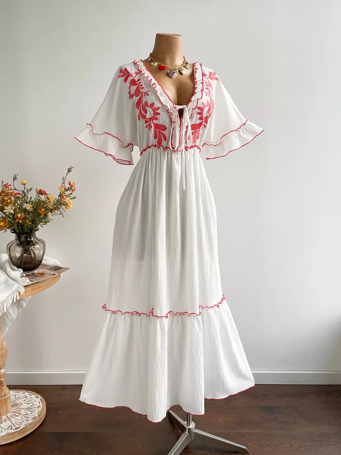 Plus Size Front Tie Maxi Dress with Floral Embroidered - MAD RUFFI