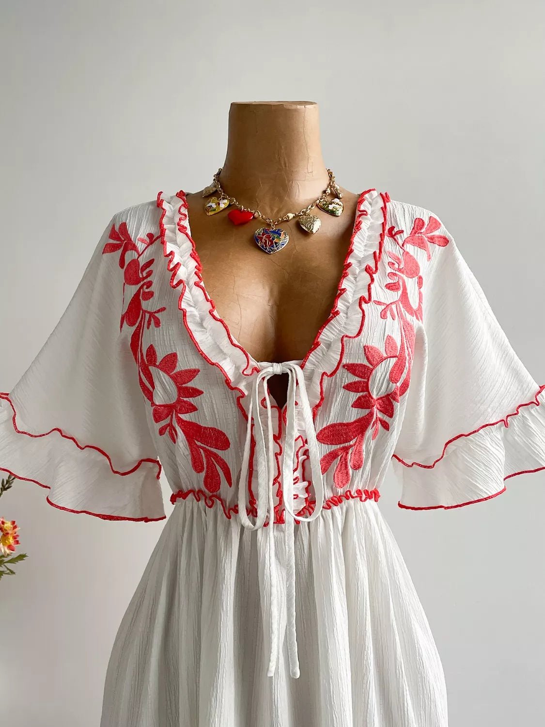 Plus Size Front Tie Maxi Dress with Floral Embroidered - MAD RUFFI