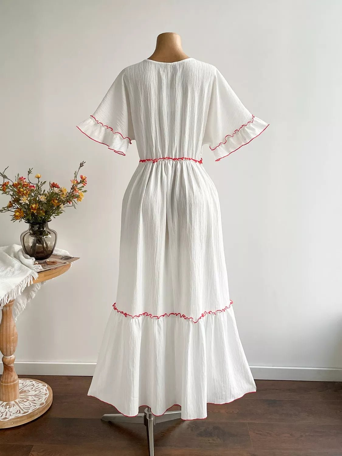 Plus Size Front Tie Maxi Dress with Floral Embroidered - MAD RUFFI