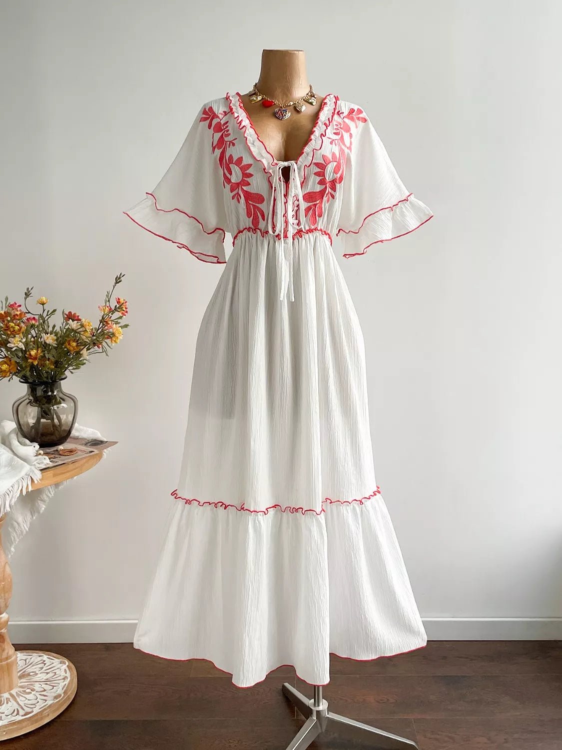 Plus Size Front Tie Maxi Dress with Floral Embroidered - MAD RUFFI