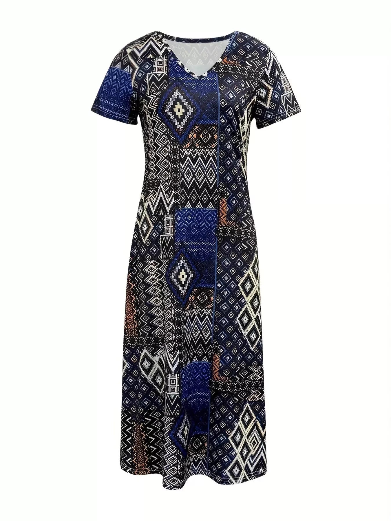 Plus Size Geometric Print V - Neck Short Sleeve Dress - MAD RUFFI