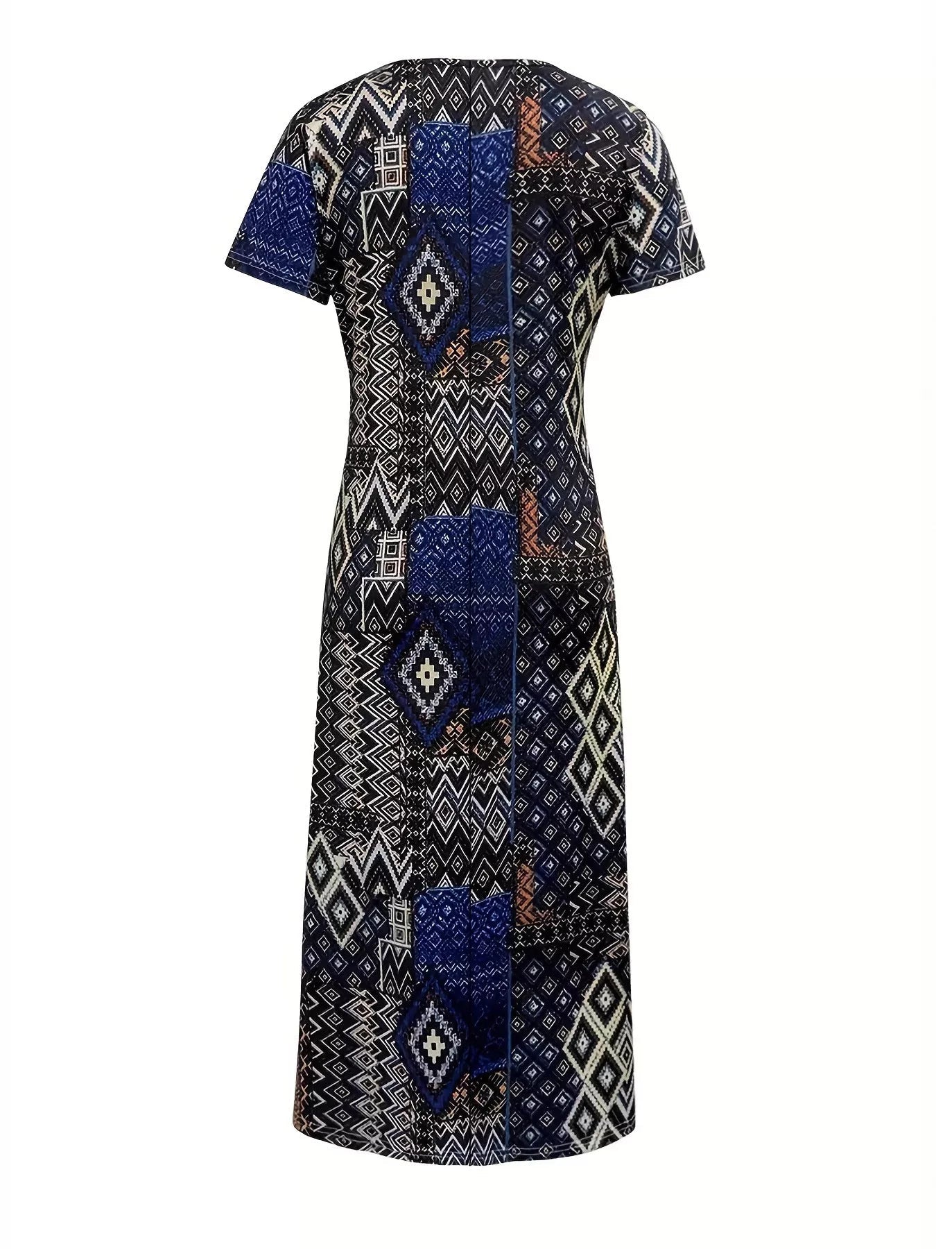 Plus Size Geometric Print V - Neck Short Sleeve Dress - MAD RUFFI