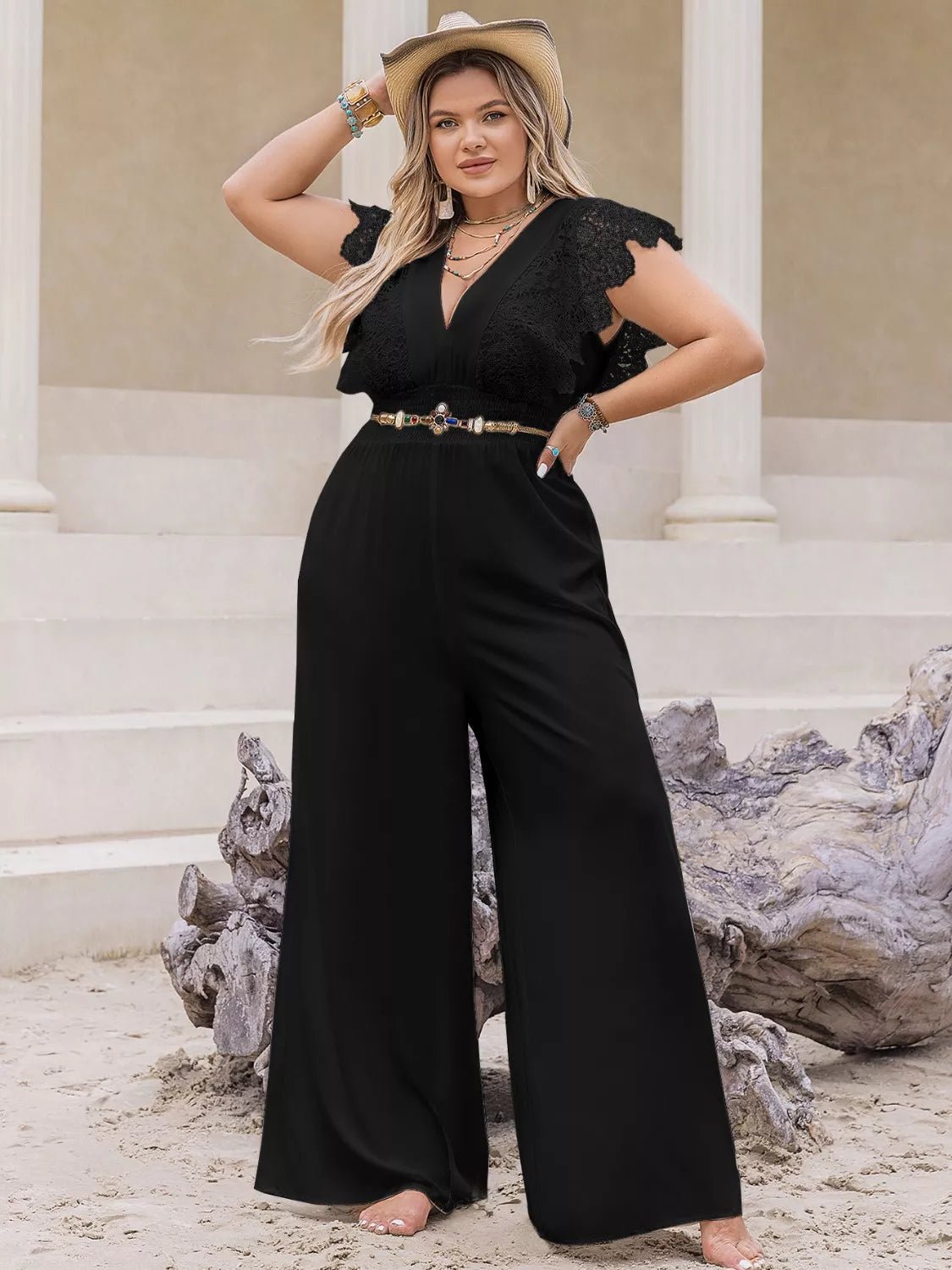 Plus Size Lace Cap Sleeve Wide Leg Jumpsuit - MAD RUFFI