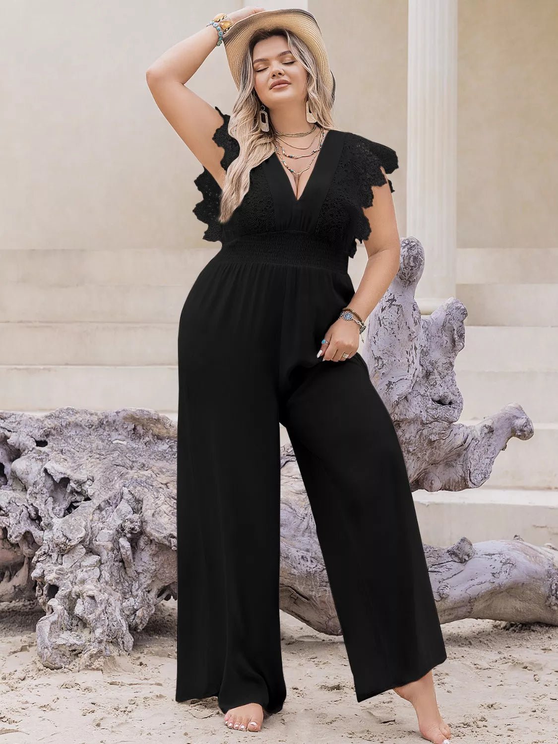 Plus Size Lace Cap Sleeve Wide Leg Jumpsuit - MAD RUFFI