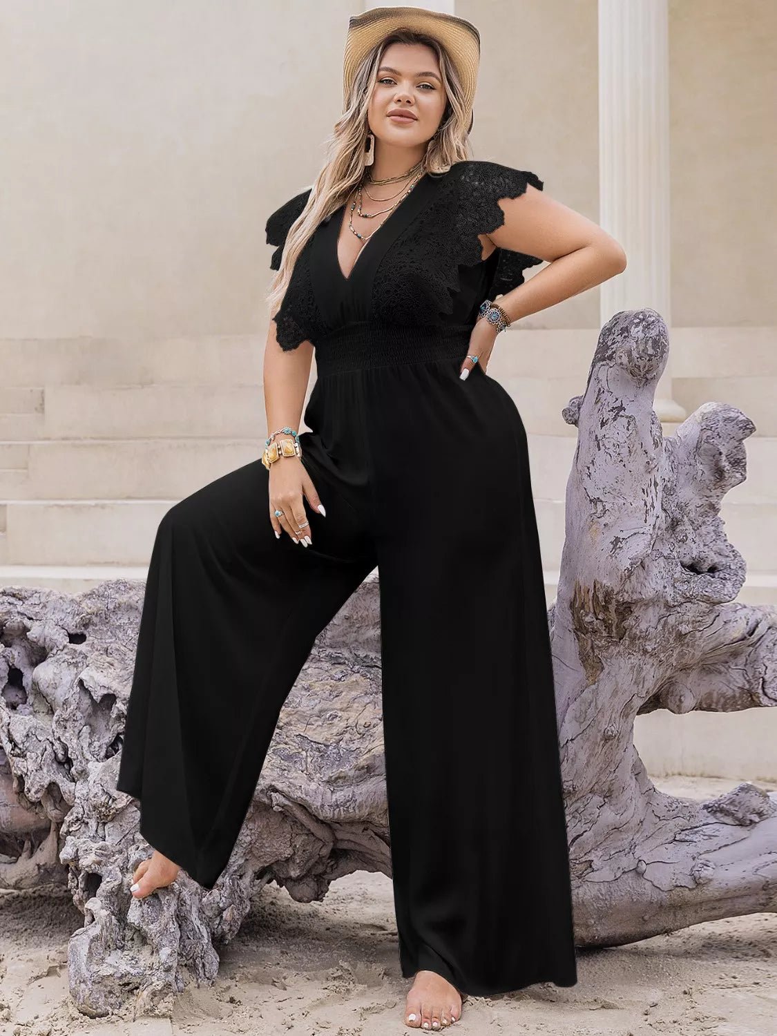 Plus Size Lace Cap Sleeve Wide Leg Jumpsuit - MAD RUFFI