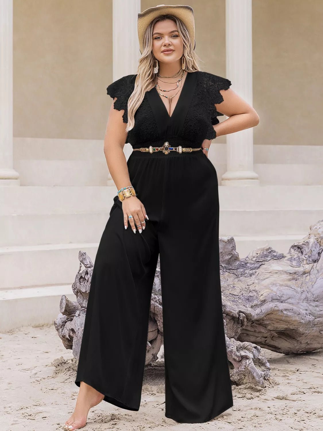 Plus Size Lace Cap Sleeve Wide Leg Jumpsuit - MAD RUFFI