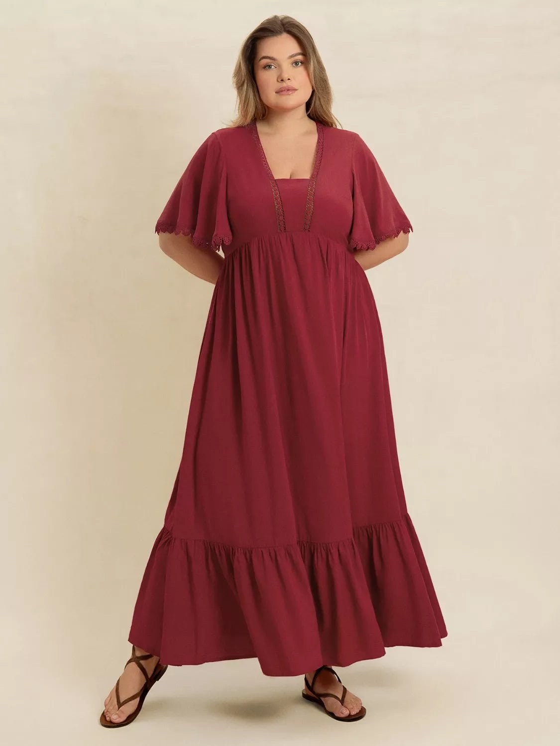 Plus Size Lace Detail Flutter Sleeve Maxi Dress - MAD RUFFI