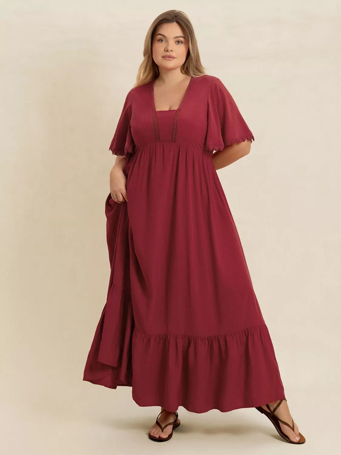 Plus Size Lace Detail Flutter Sleeve Maxi Dress - MAD RUFFI