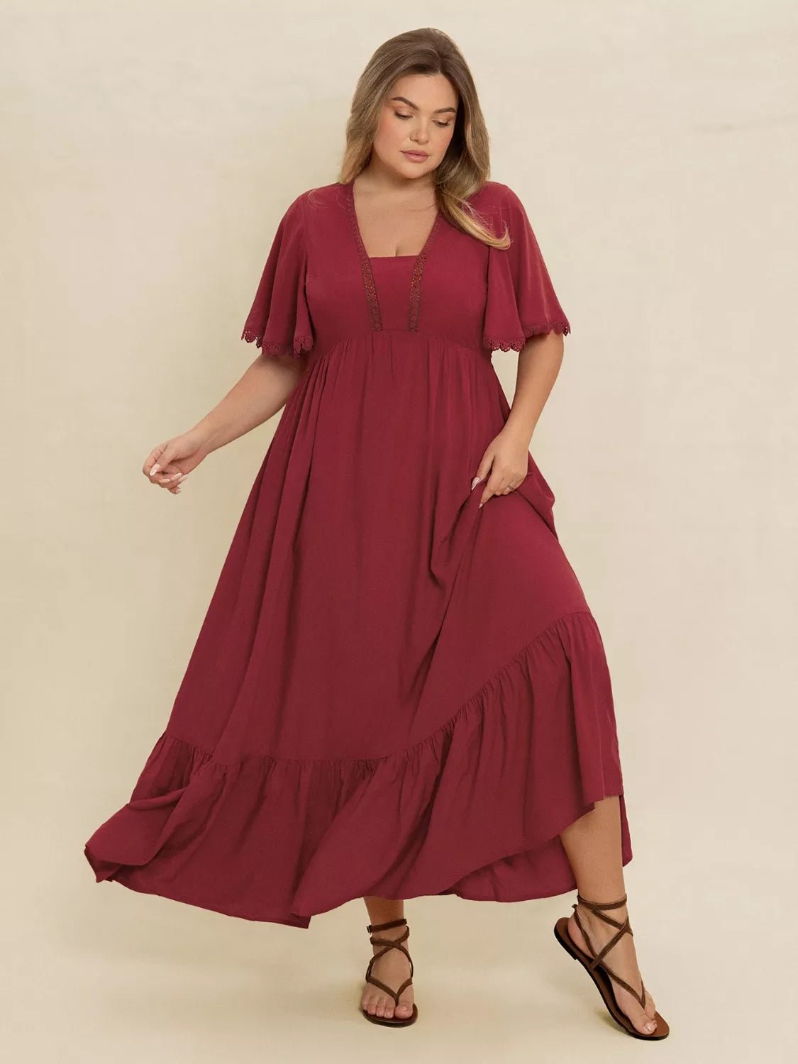 Plus Size Lace Detail Flutter Sleeve Maxi Dress - MAD RUFFI