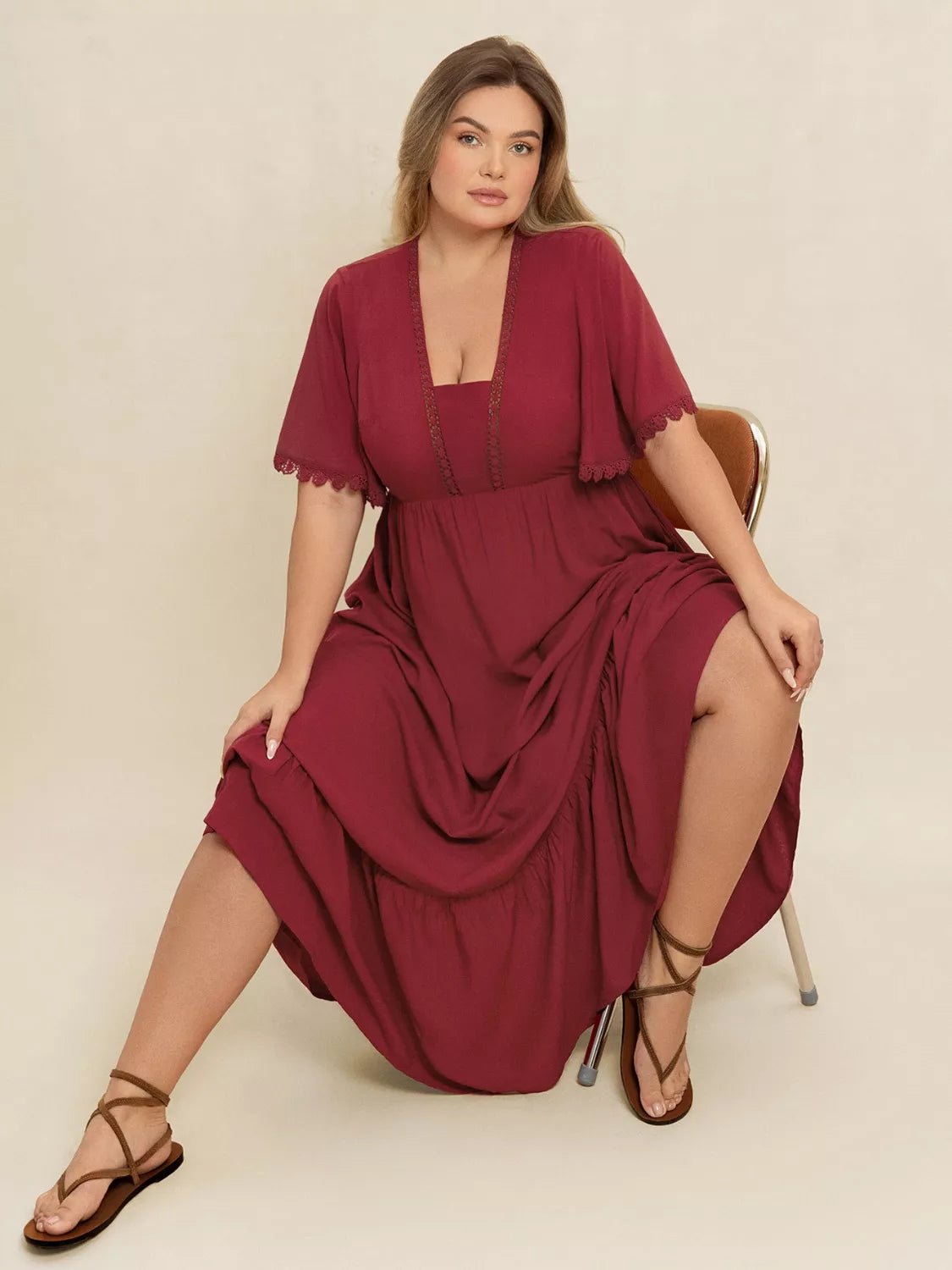 Plus Size Lace Detail Flutter Sleeve Maxi Dress - MAD RUFFI