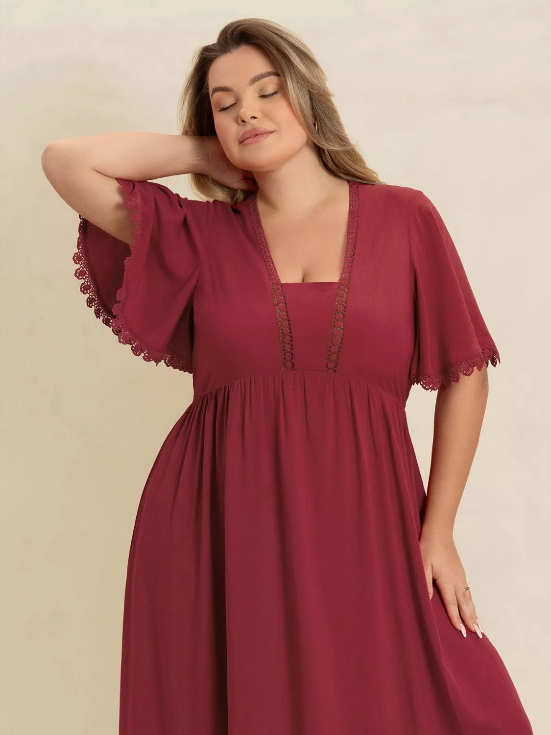 Plus Size Lace Detail Flutter Sleeve Maxi Dress - MAD RUFFI