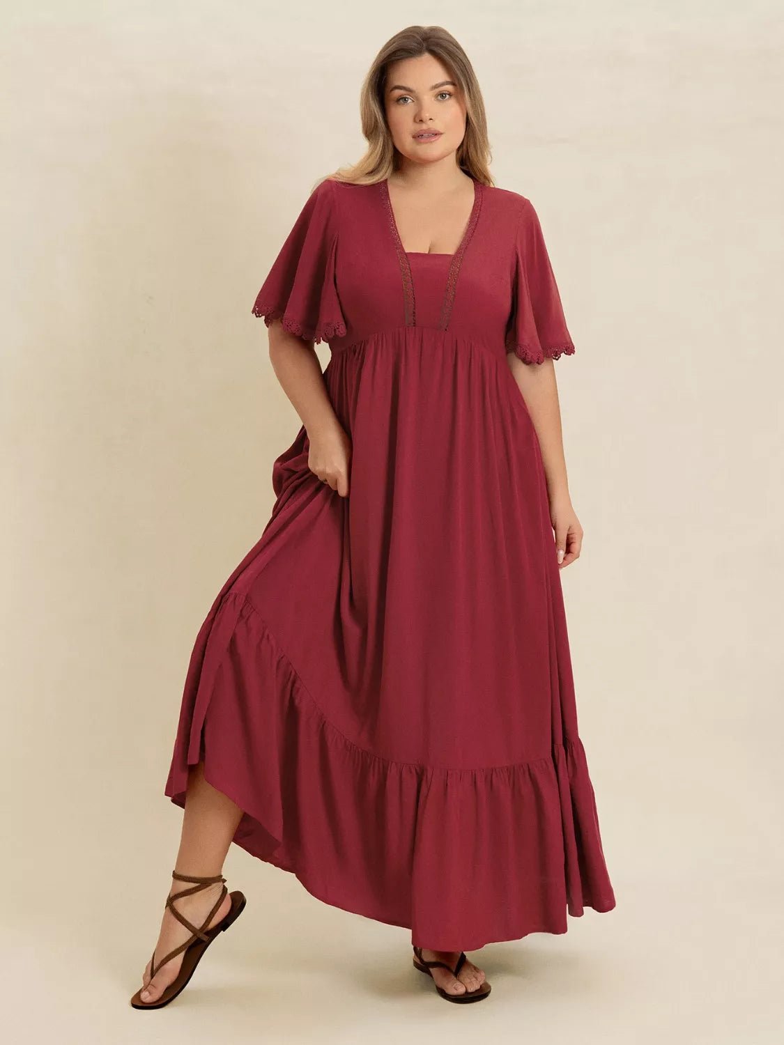 Plus Size Lace Detail Flutter Sleeve Maxi Dress - MAD RUFFI