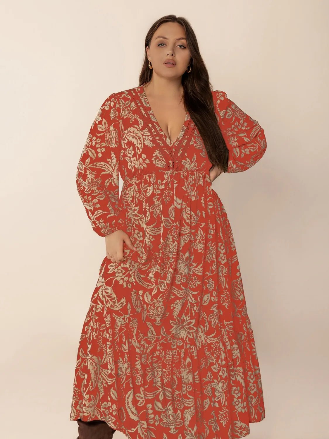 Plus Size Lace Detail Printed Balloon Sleeve Midi Dress - MAD RUFFI