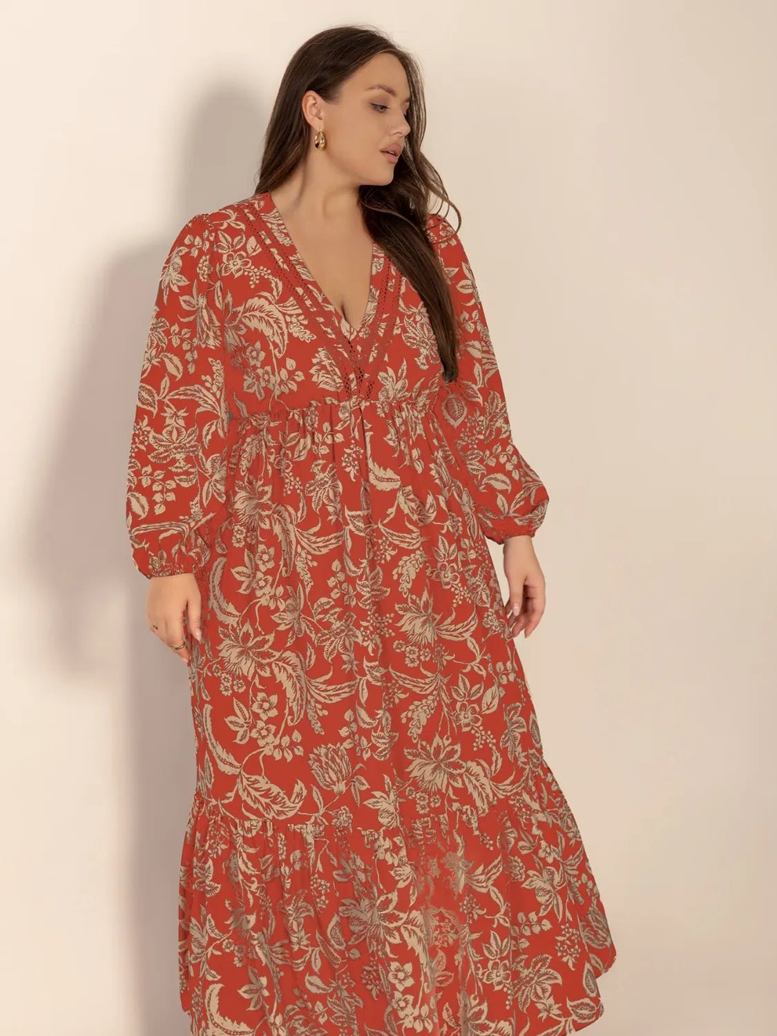 Plus Size Lace Detail Printed Balloon Sleeve Midi Dress - MAD RUFFI