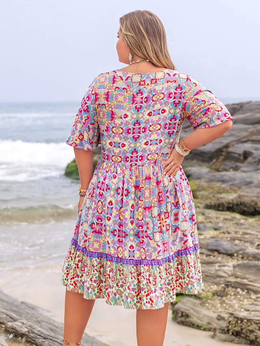 Plus Size Lace Detail Printed Half Sleeve Dress - MAD RUFFI