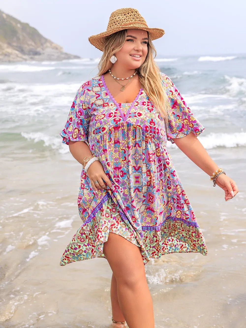 Plus Size Lace Detail Printed Half Sleeve Dress - MAD RUFFI