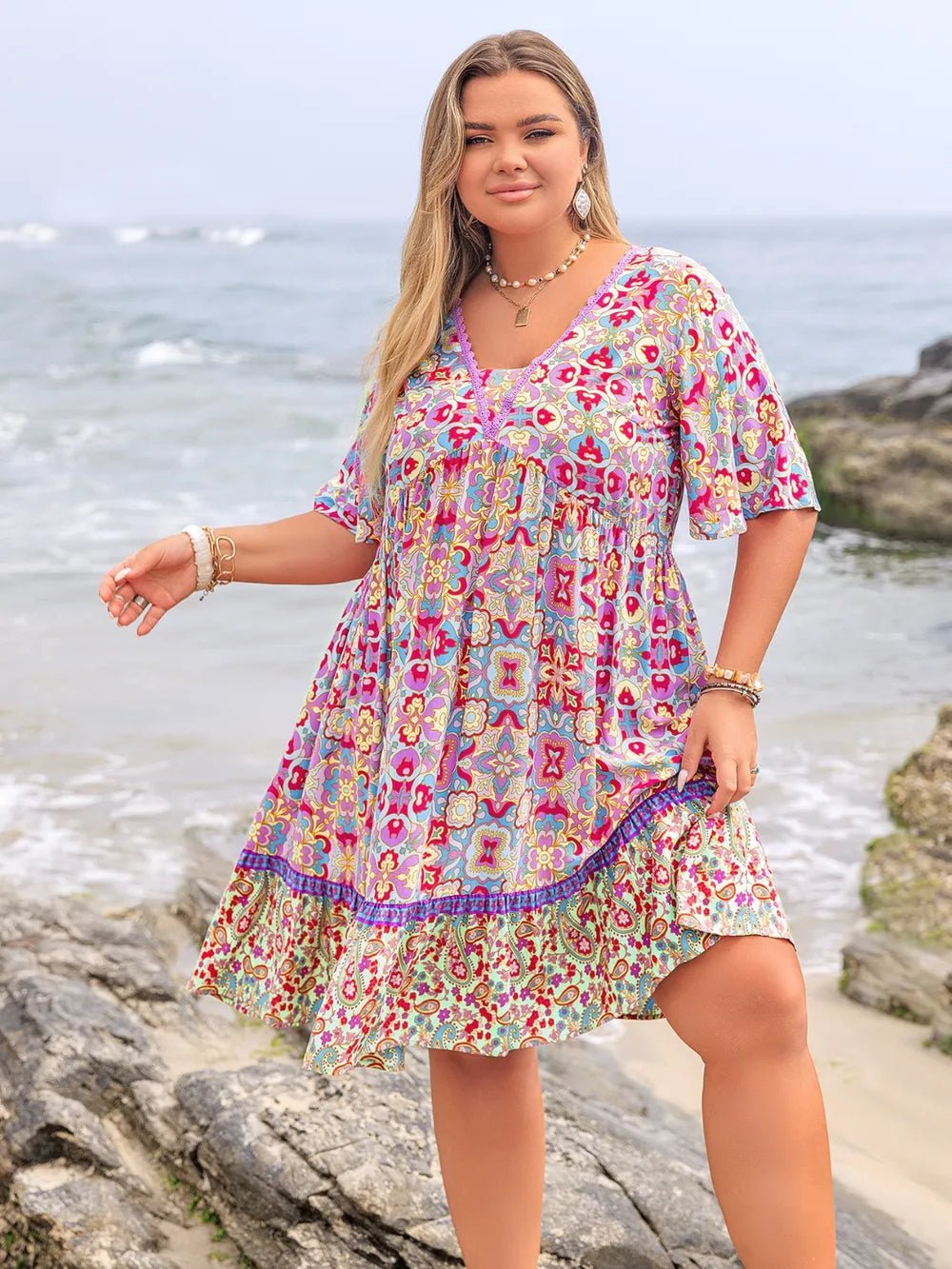 Plus Size Lace Detail Printed Half Sleeve Dress - MAD RUFFI