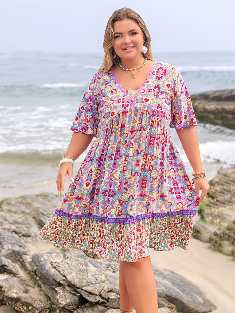 Plus Size Lace Detail Printed Half Sleeve Dress - MAD RUFFI