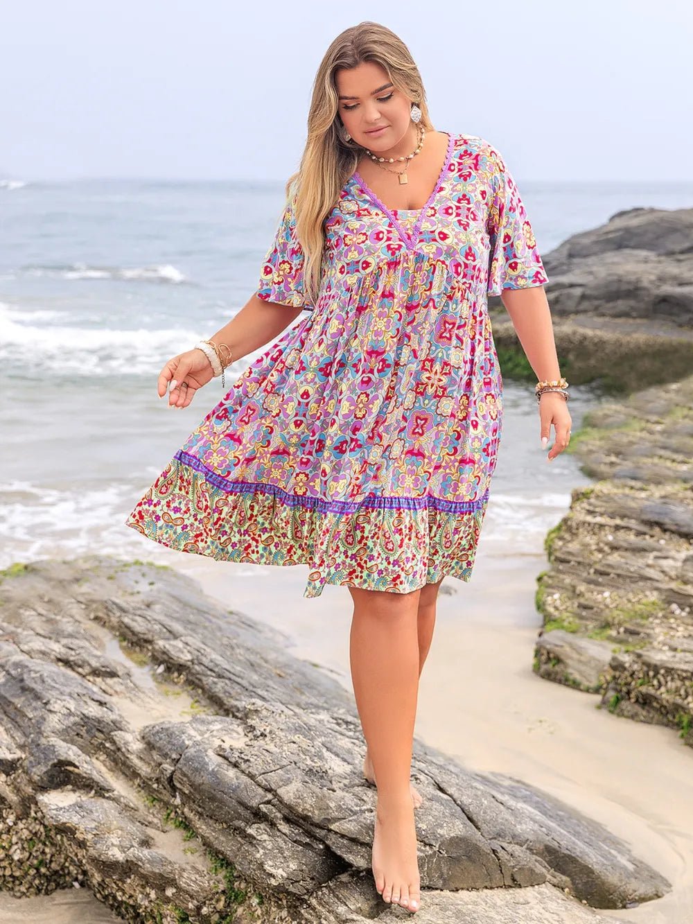Plus Size Lace Detail Printed Half Sleeve Dress - MAD RUFFI