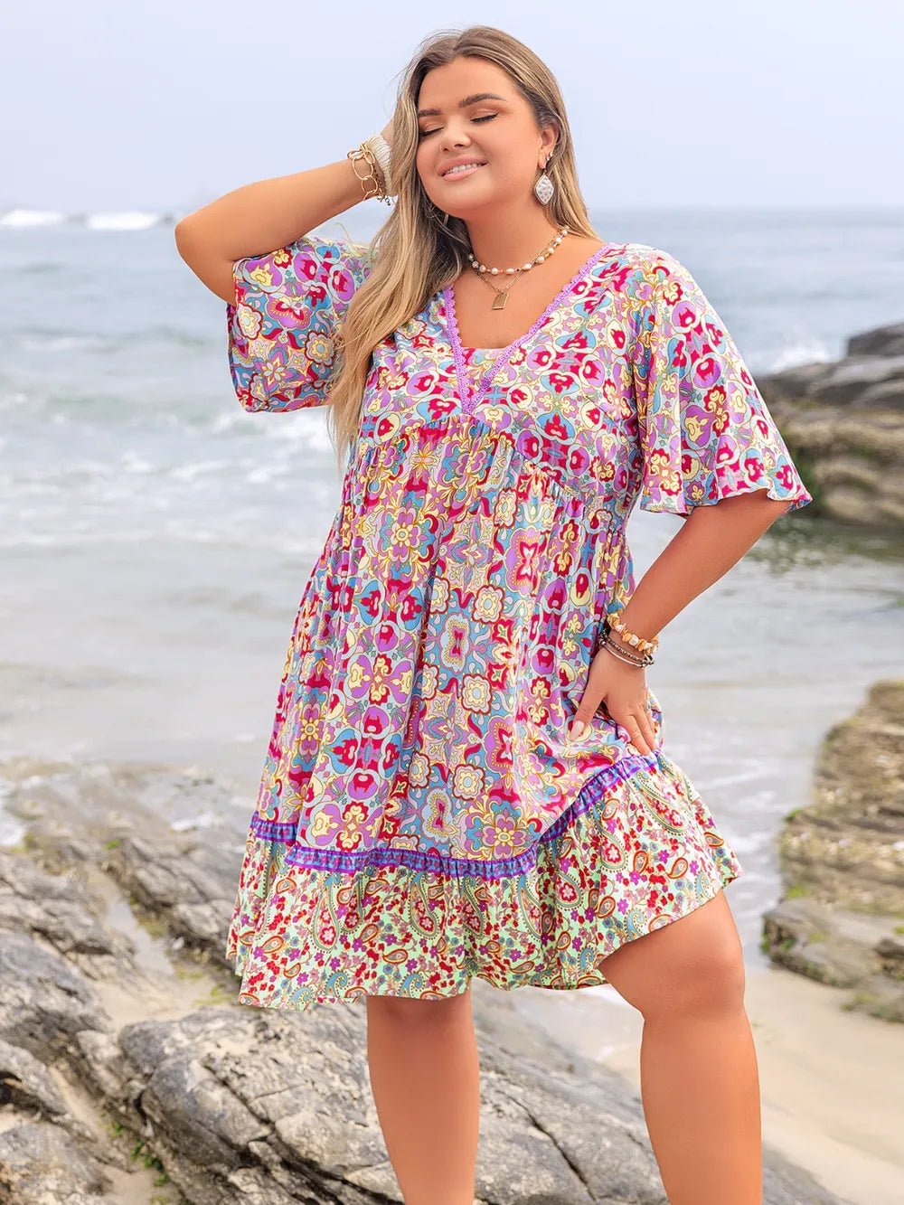 Plus Size Lace Detail Printed Half Sleeve Dress - MAD RUFFI