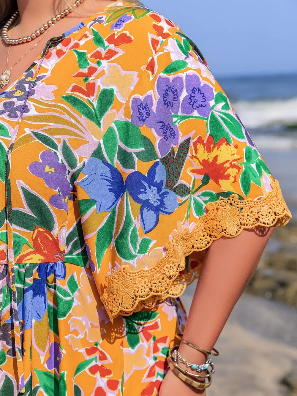 Plus Size Lace Detail Printed Tie Neck Half Sleeve Dress - MAD RUFFI