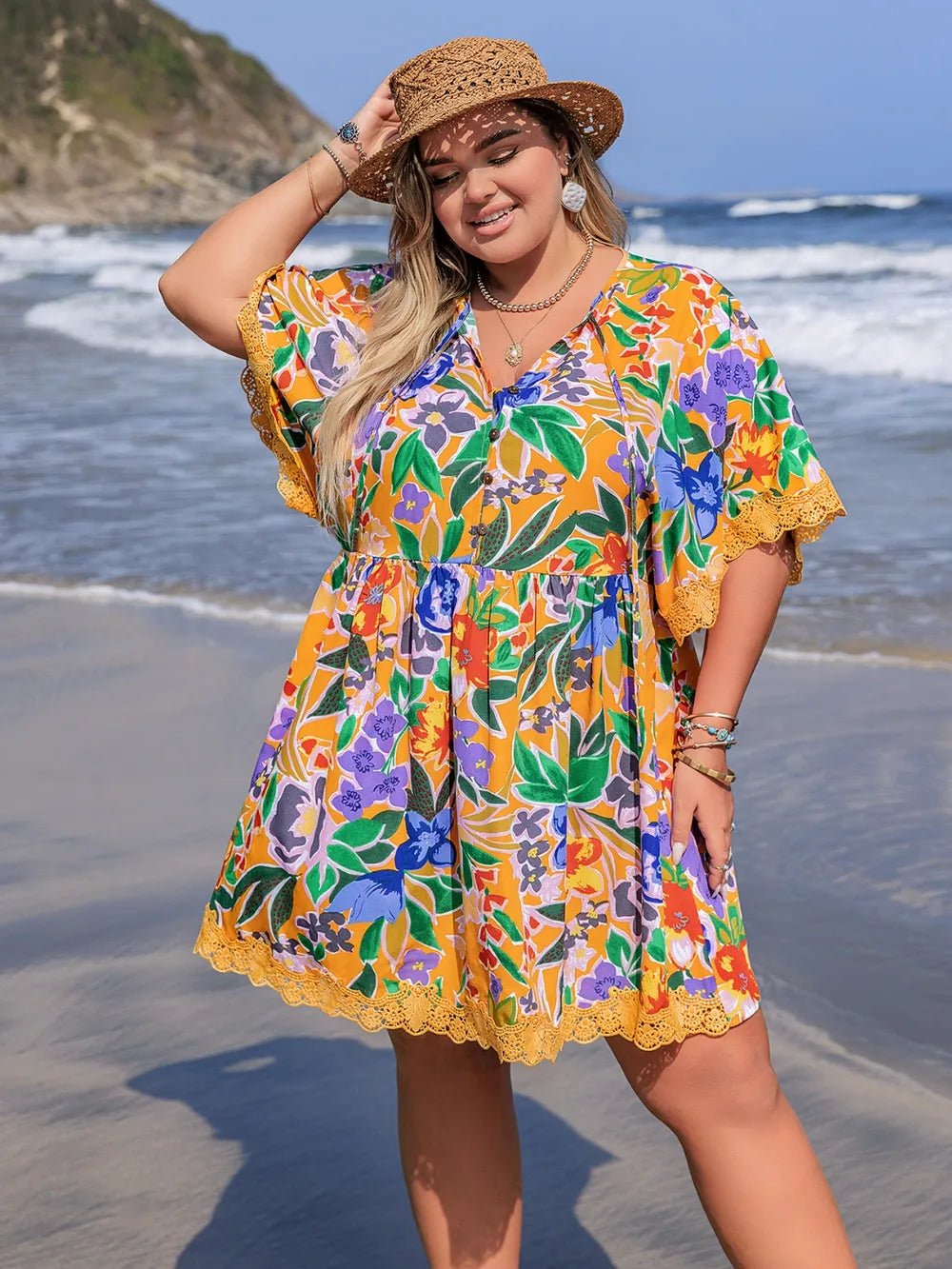 Plus Size Lace Detail Printed Tie Neck Half Sleeve Dress - MAD RUFFI