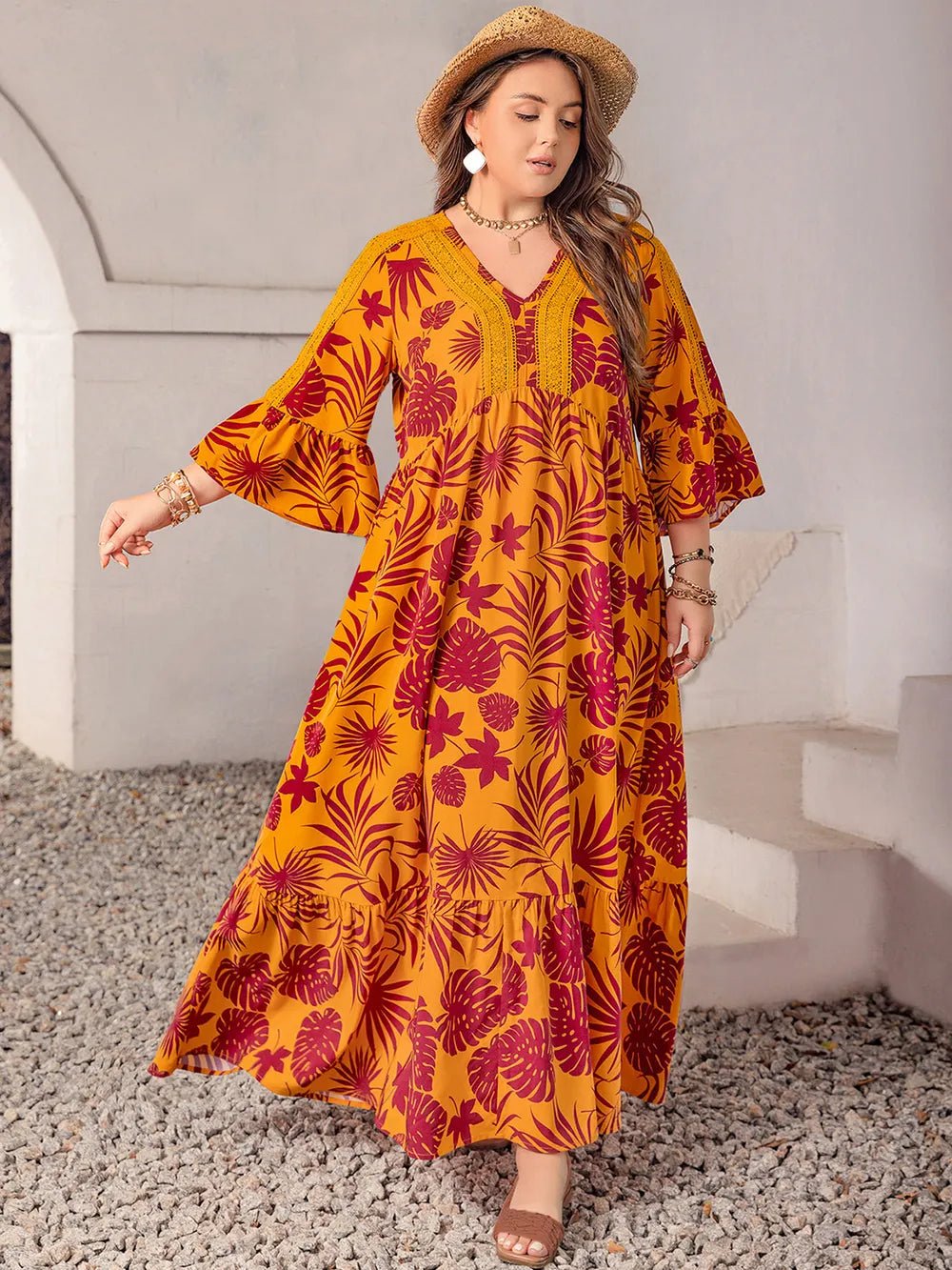 Plus Size Lace Detail Printed V - Neck Maxi Dress - MAD RUFFI