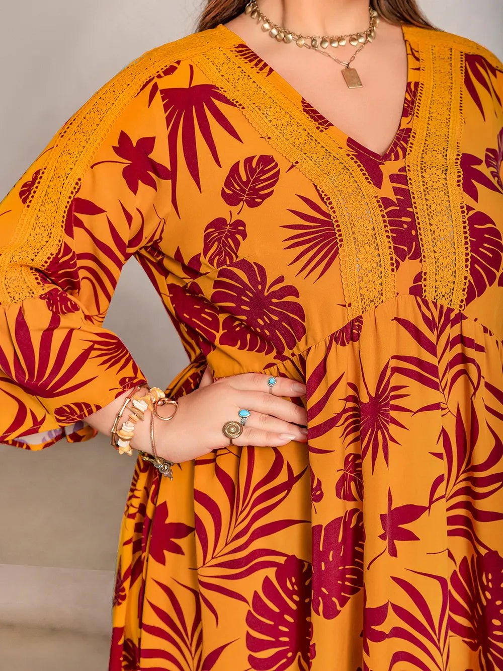 Plus Size Lace Detail Printed V - Neck Maxi Dress - MAD RUFFI