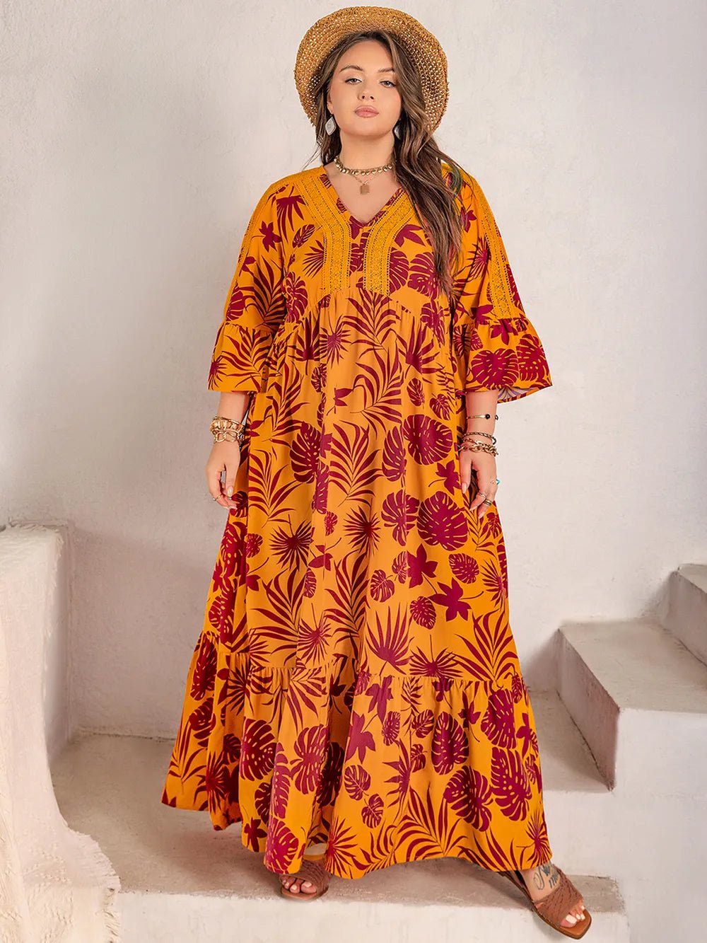 Plus Size Lace Detail Printed V - Neck Maxi Dress - MAD RUFFI