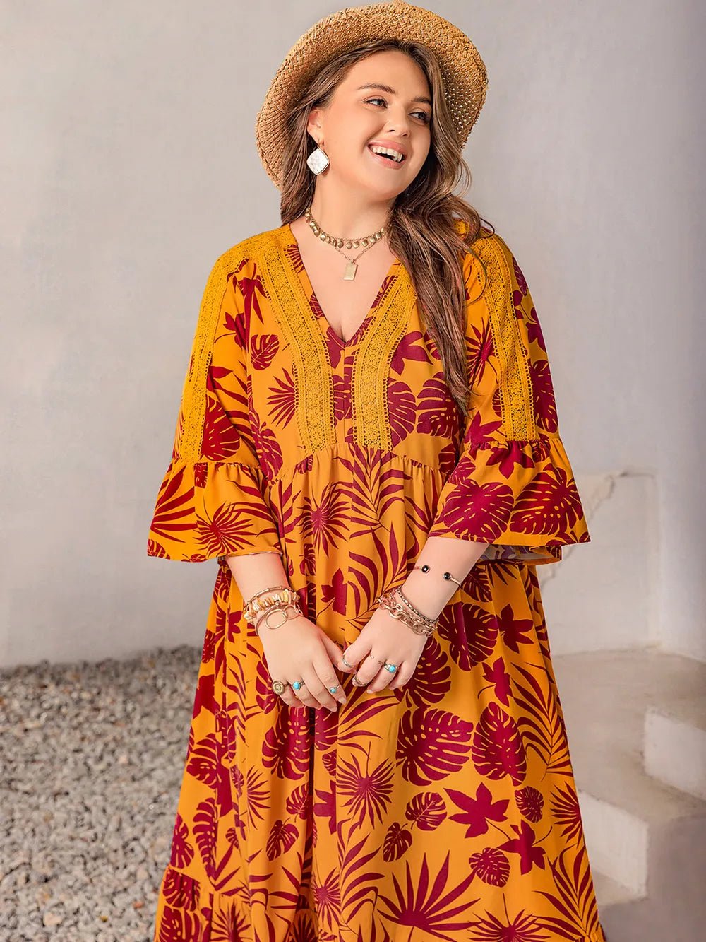 Plus Size Lace Detail Printed V - Neck Maxi Dress - MAD RUFFI