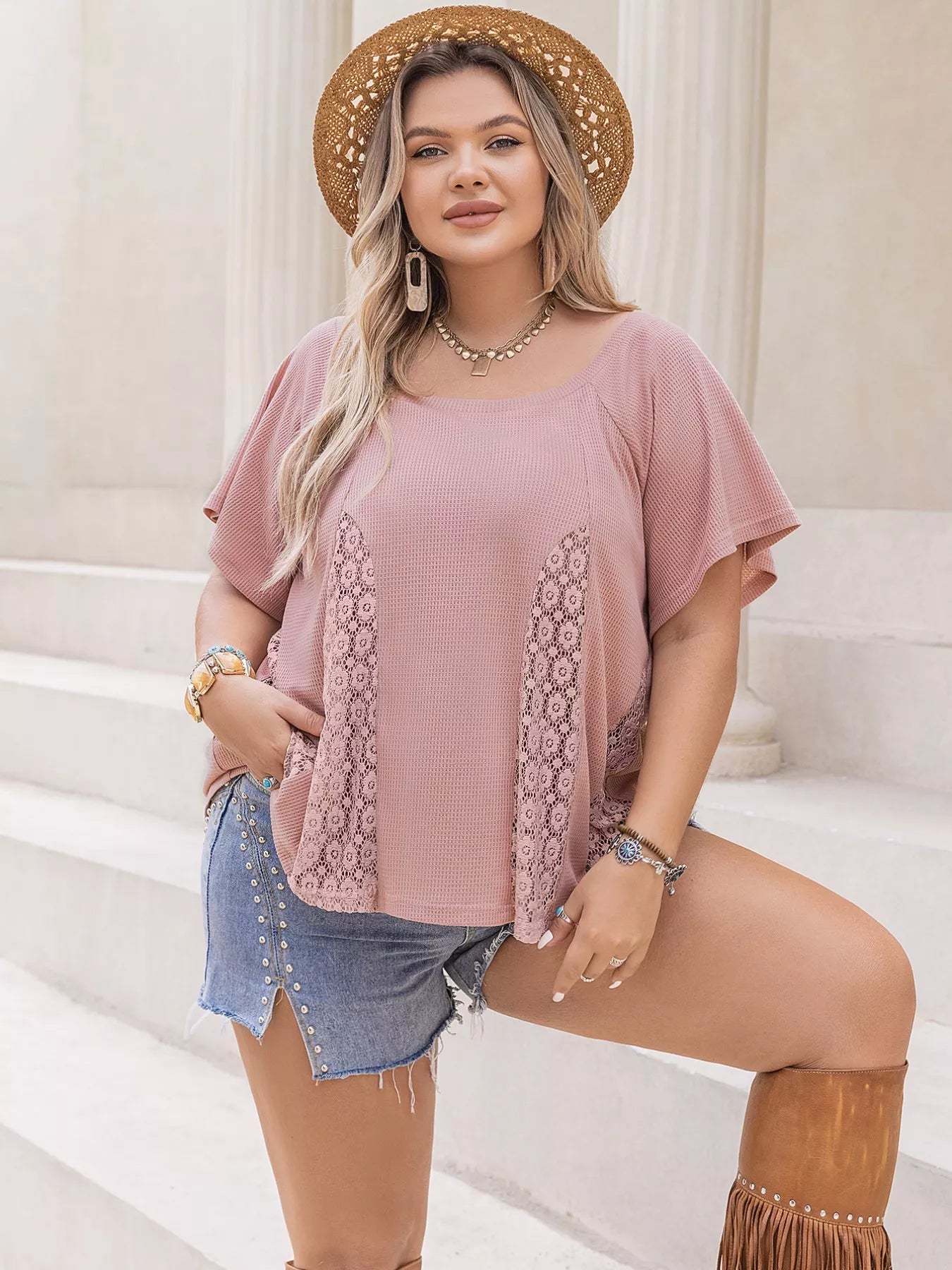Plus Size Lace Detail Round Neck Short Sleeve T-Shirt - MAD RUFFI