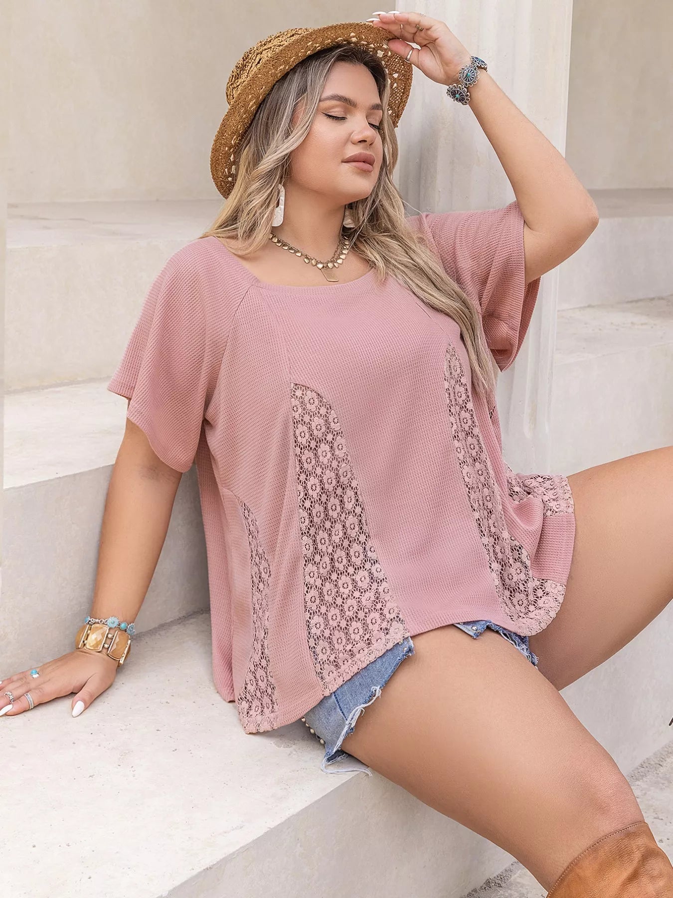 Plus Size Lace Detail Round Neck Short Sleeve T-Shirt - MAD RUFFI
